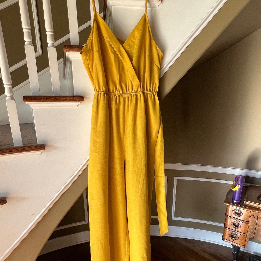 Flying Tomato Mustard Surplice Wide Leg Jumpsuit